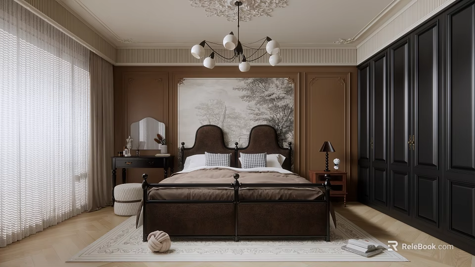 Elegant Bedroom Interior With Brown Walls Ornate Chandelier Double Bed And Black Wardrobes 3d model 