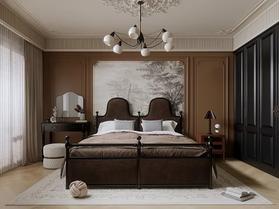 Elegant Bedroom Interior With Brown Walls Ornate Chandelier Double Bed And Black Wardrobes 3d model