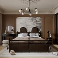 Elegant Bedroom Interior With Brown Walls Ornate Chandelier Double Bed And Black Wardrobes