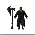 A Man Wearing Cowboy Hat Long Coat With Sheriff Badge By Large Axe And Rifle
