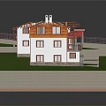 Two Story Residential Building With Red Roof Frame White Walls And Green Lawn