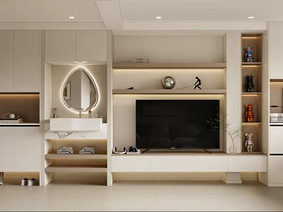 Modern Minimalist Cream Tone Living Room With Full Wall TV Cabinet And Open Display Shelves 3d model
