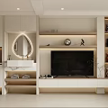 Modern Minimalist Cream Tone Living Room With Full Wall TV Cabinet And Open Display Shelves