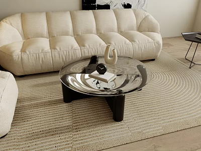 Elegant Beige Plush Sofa And Round Mirrored Coffee Table Set With Textured Rug Accents 3d model