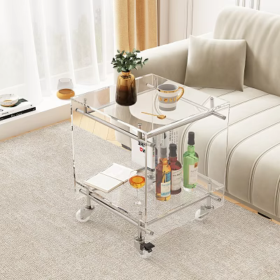 Transparent Acrylic Coffee Table With Wheels Vase Coffee Cup And Wine Bottles On Lower Shelf 3d model