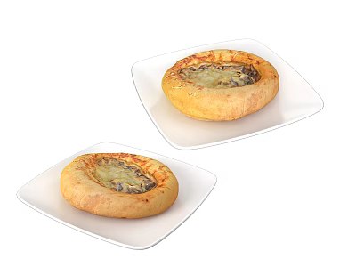 Round Stuffed Pastry With Cheesy Filling On White Plates Two Baked Pieces 3d model