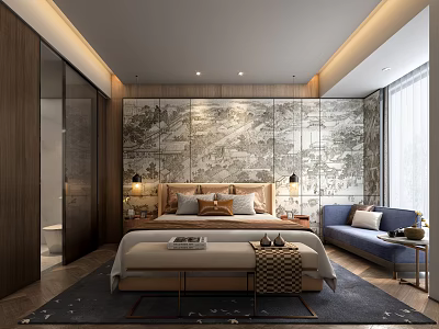 Modern Bedroom Interior With Wooden Panel Wall Bed Sofa And Area Rug 3d model