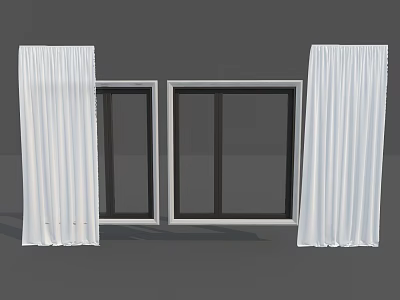 Modern Double Casement Windows with White Curtains and Black Frames in Interior 3d model