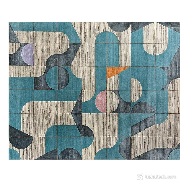 Modern Abstract Square Rug With Geometric Patterns Teal Gray Beige Purple Orange 3d model 