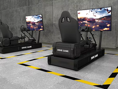 Entertainment Electronics Drive Game Simulator with Black Seats Steering Wheels Large Screens for Immersive Experience 3d model