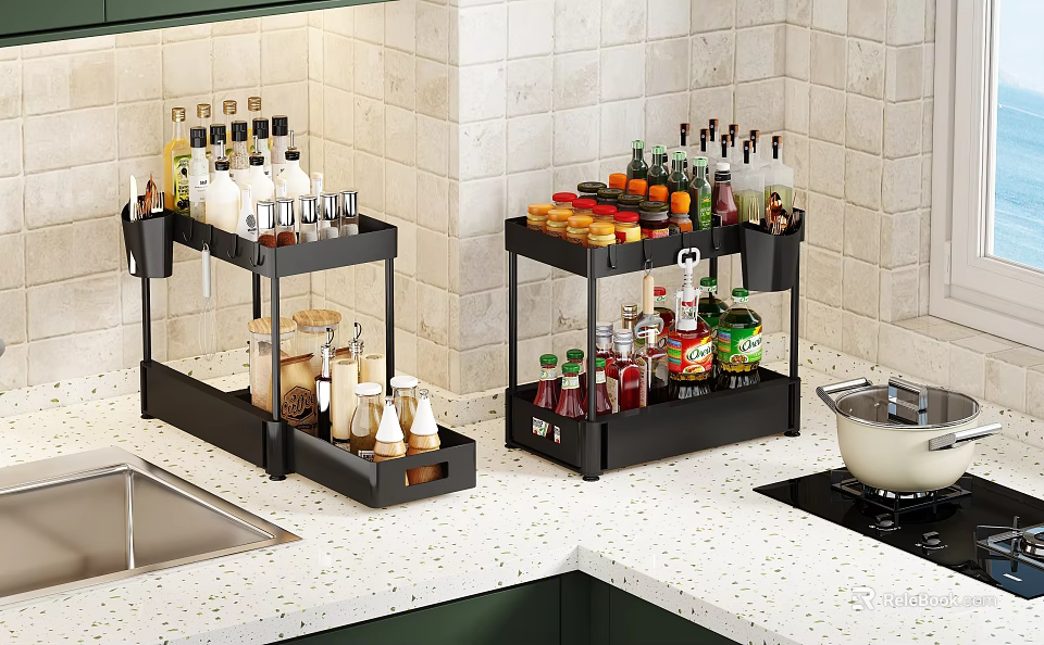 Black Multi Tier Kitchen Storage Shelf Organizing Spice Bottles And Condiments On Countertop 3d model 