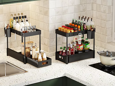 Black Multi Tier Kitchen Storage Shelf Organizing Spice Bottles And Condiments On Countertop 3d model