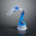 White and Blue Robot Arm with Base Joints on Dark Background Showing Reflection 3d model