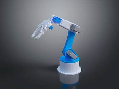 White and Blue Robot Arm with Base Joints on Dark Background Showing Reflection 3d model