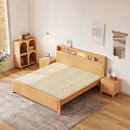 Wooden Double Bed with Green White Bedding Nightstands Wall Art Woven Decor and Natural Light