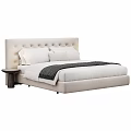 Elegant Modern Double Bed With Tufted Headboard White Pillows And Wooden Nightstand