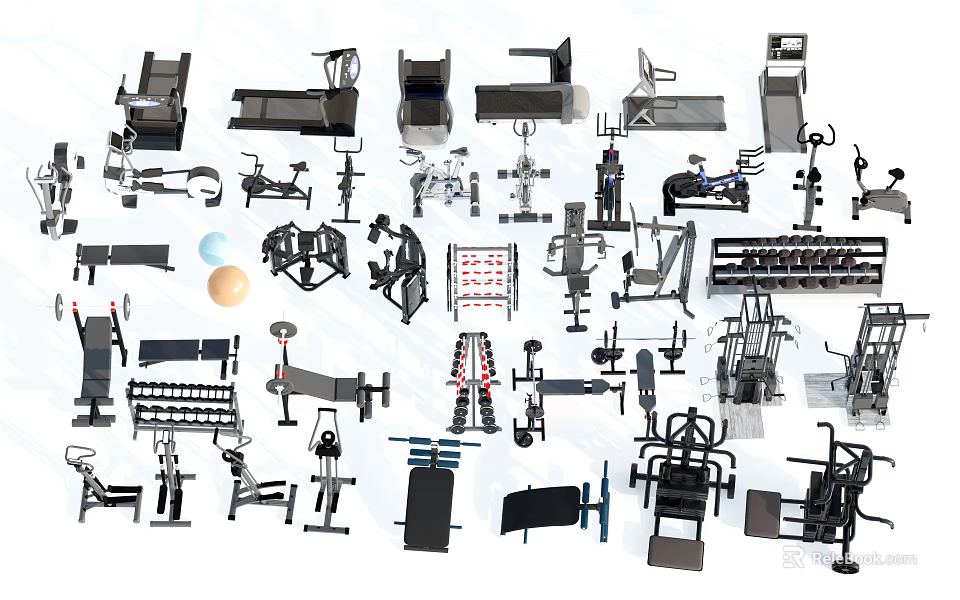 Various Types of Sports Equipment Including Treadmills Dumbbells Exercise Bikes Weight Benches and Yoga Balls 3d model 