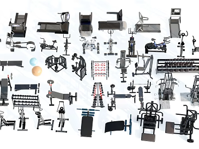 Various Types of Sports Equipment Including Treadmills Dumbbells Exercise Bikes Weight Benches and Yoga Balls 3d model