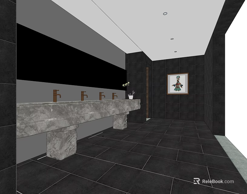 Modern Public Restroom Interior With Marble Countertop Multiple Faucets Black Walls And Decorative Painting 3d model 