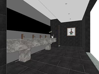 Modern Public Restroom Interior With Marble Countertop Multiple Faucets Black Walls And Decorative Painting 3d model