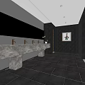 Modern Public Restroom Interior With Marble Countertop Multiple Faucets Black Walls And Decorative Painting
