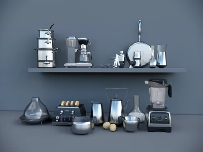 Modern Stainless Steel Kitchen Utensils Including Blender Coffee Maker Pots And Pans 3d model