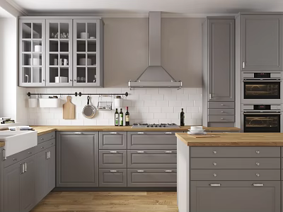 Modern Kitchen Interior With Gray Cabinets Glass Doors And White Backsplash 3d model
