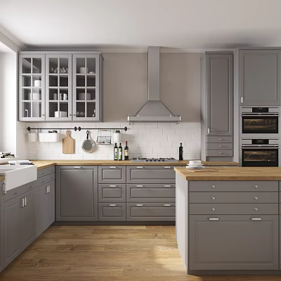 Modern Kitchen Interior With Gray Cabinets Glass Doors And White Backsplash 3d model