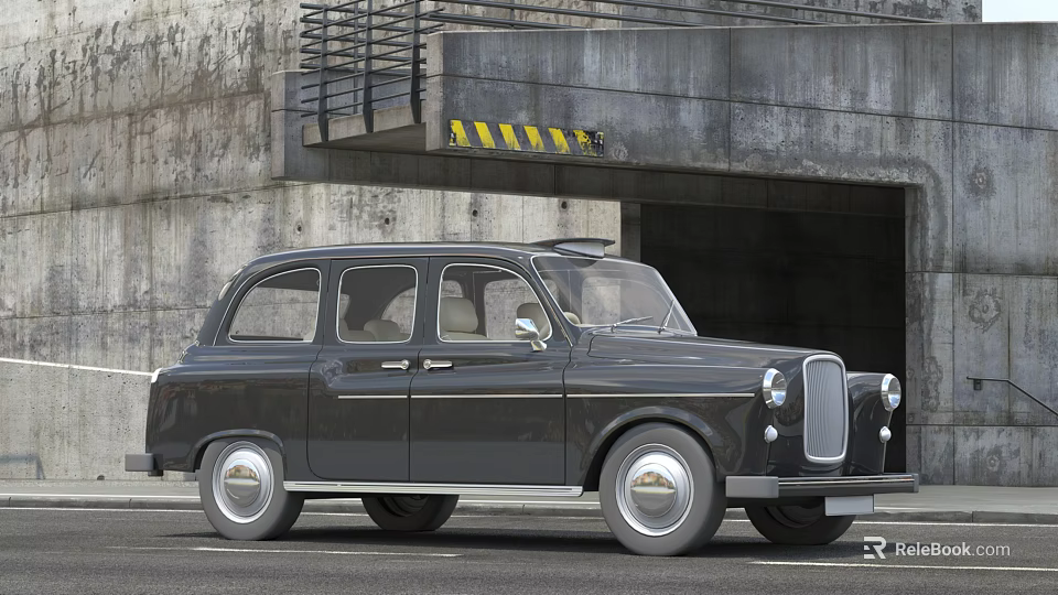 Black Vintage Car Parked At Concrete Tunnel Entrance With Warning Stripes 3d model 
