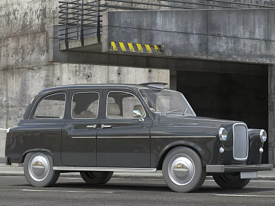 Black Vintage Car Parked At Concrete Tunnel Entrance With Warning Stripes 3d model