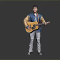 Man holding acoustic guitar wearing blue beige jacket gray pants white sneakers against gray background