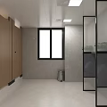 Modern Public Restroom Interior With Wooden Doors Large Mirror Vanity Counter And Potted Plant