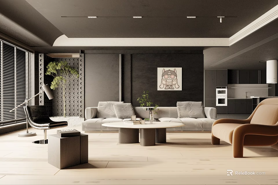 Modern Living Room With Grey Sofa Round Coffee Table Brown Armchair Black Walls And Plants 3d model 