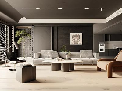 Modern Living Room With Grey Sofa Round Coffee Table Brown Armchair Black Walls And Plants 3d model