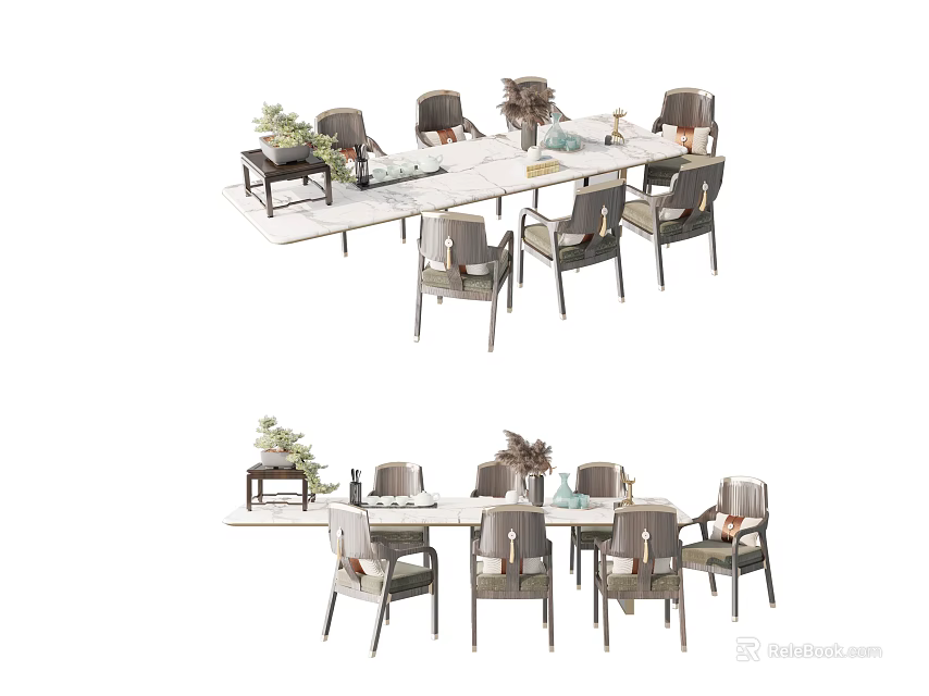 Modern Rectangular Dining Table Set With Upholstered Chairs And Decorative Plants 3d model