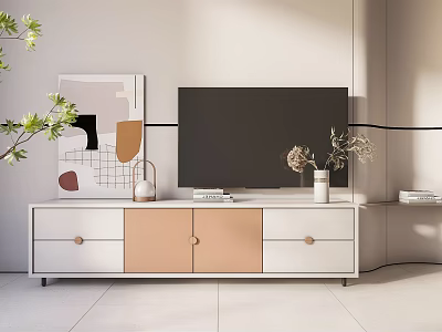 Modern TV Stand With White And Beige Cabinets Drawers TV And Decorative Items 3d model
