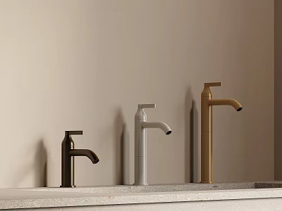 Elegant Modern Faucets With Black White Gold Finishes On Light Wall Countertop 3d model