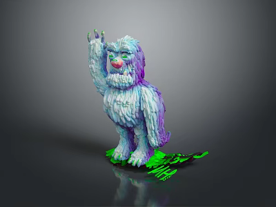 Fluffy Monster Character With White Purple Fur Red Nose Green Paws Waving On Green Base 3d model