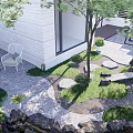 Courtyard Garden With Outdoor Dining Area Wooden Table Chairs Stone Paved Floor And Green Plants