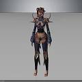 3D Fantasy Female Character With Horns And Decorative Blue And Red Outfit Design
