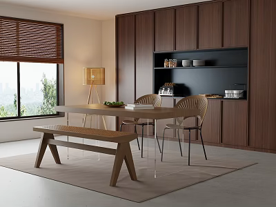 Modern Dining Table Set With Chairs Bench Wooden Cabinets Window Blinds And Scenic View 3d model