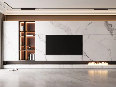 Modern TV Wall Design With Marble Panel Shelves Lighting And Fireplace 3d model