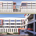 Modern School Campus Buildings With Wooden Slat Windows And Connected Stairs On Green Lawn