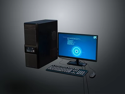 Black Desktop Computer Setup With Monitor Keyboard Mouse And Blue Screen 3d model