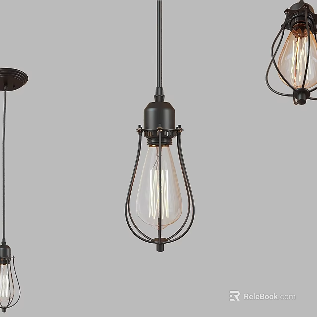Vintage Industrial Chandelier With Black Metal Cage And Edison Bulb 3d model 