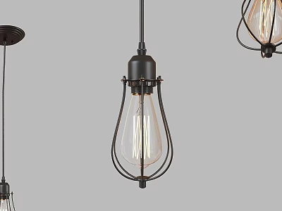 Vintage Industrial Chandelier With Black Metal Cage And Edison Bulb 3d model