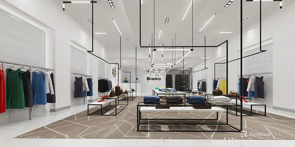 Modern Clothing Store Interior With Stylish Apparel Displays And Hanging Racks 3d model 
