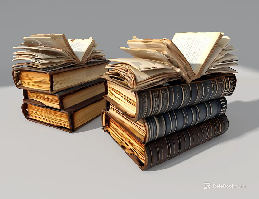 Old Stacked Books With Open Yellowed Pages And Dark Striped Covers 3d model 