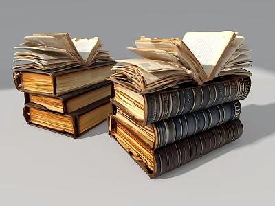 Old Stacked Books With Open Yellowed Pages And Dark Striped Covers 3d model