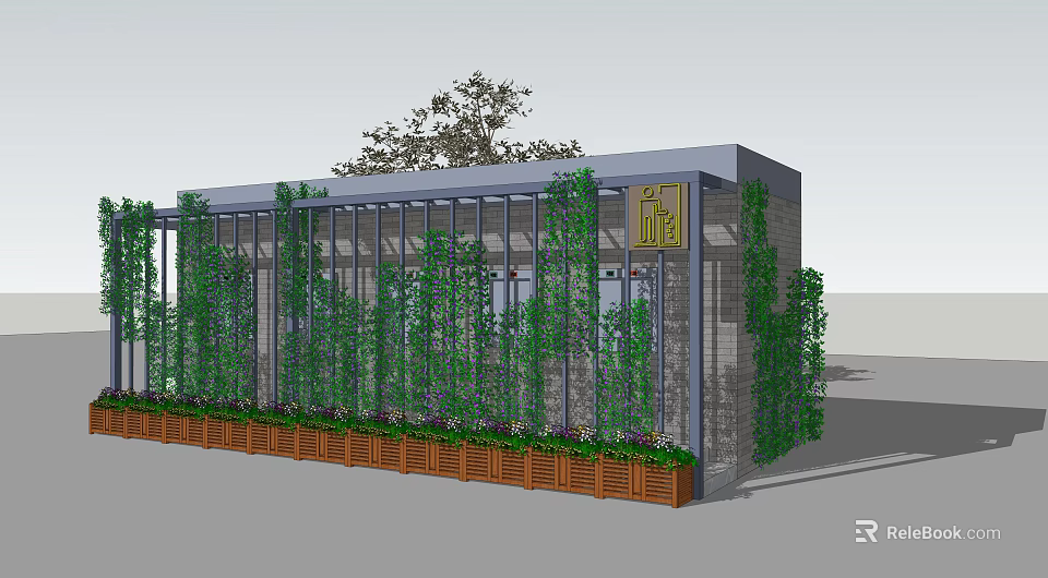 Green Vines Covered Metal Frame Structure With Wooden Planters And Logo Sign 3d model 